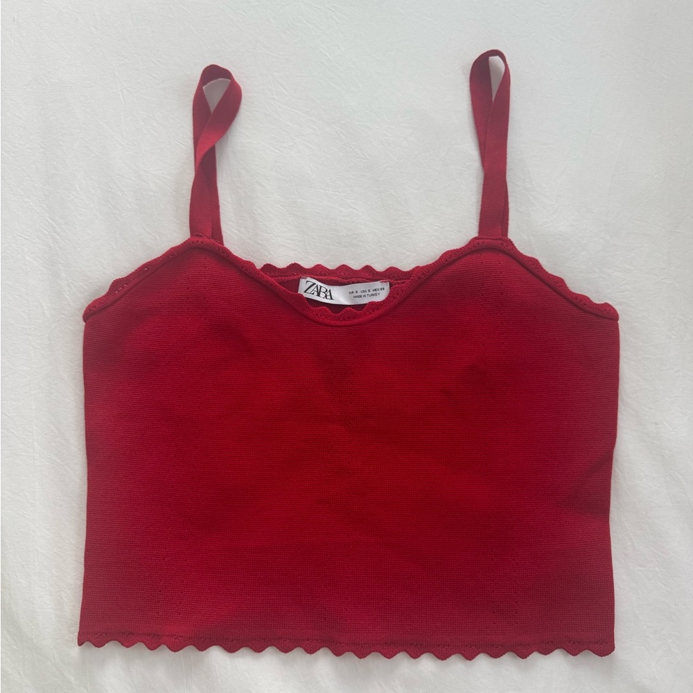 Zara Red Women's Scalloped Cropped Tank Top